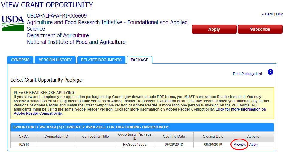 A screenshot of the Grants.gov funding opportunity page.