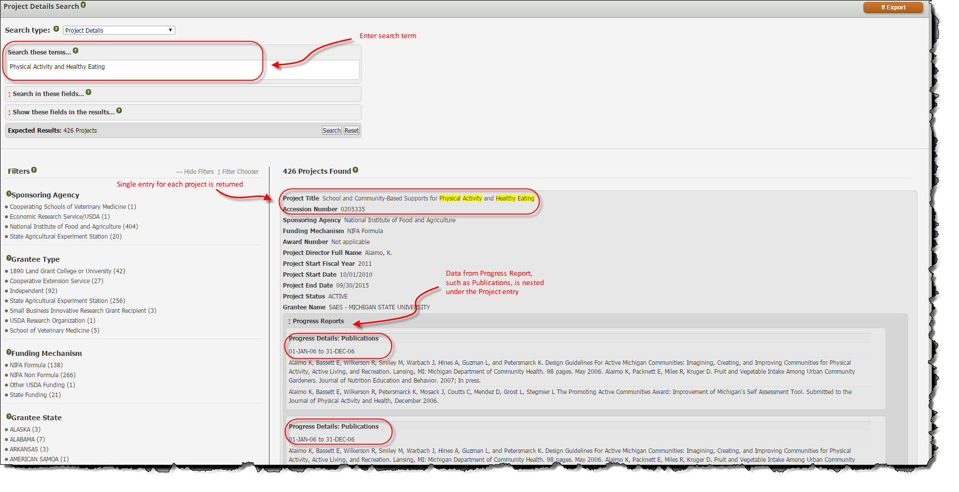 Project Details Search with 'search these terms' highlighted.