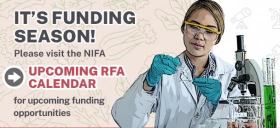 Upcoming RFA Calendar. Illustration of scientist, courtesy of AdobeStock, links to upcoming RFA calendar page.