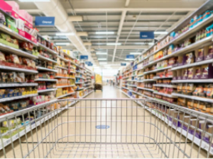 Photo of supermarket cart in an aisle, courtesy of Getty Image